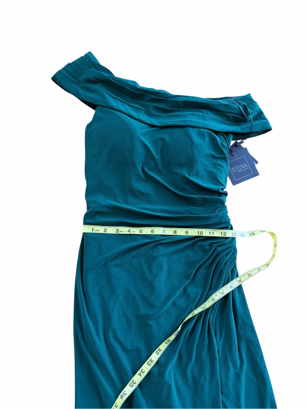 Mac Duggal IEENA Off-Shoulder Emerald Green Midi Dress with Side Slit & Ruching - Picture 10 of 12